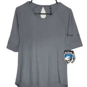 Kuhl Rhea City Gray 1/2 Sleeve Athletic Raglan Keyhole Back Curved Hem Shirt NEW